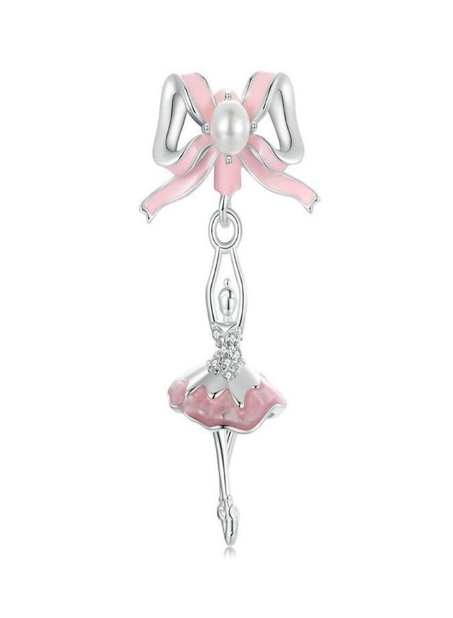 LAMOONY Ballet Dancer Charm 925 Sterling Silver Pink Ribbon Pendant for Pandora Charm Bracelet Gift for Anniversary Birthday Christmas Day (B) - Image 1